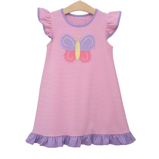 ( Moq 5 ) Preorder Baby Girls Kids Short Sleeves Butterfly Stripes Ruffle Knee Length Dress