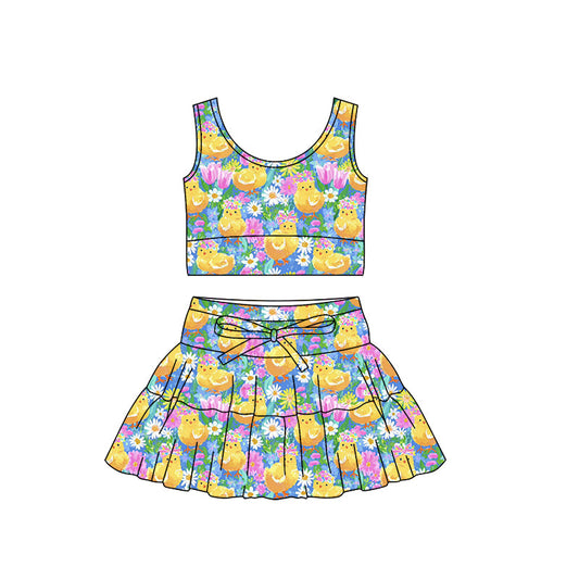 ( Moq 5 ) Preorder Baby Girls Chicks Flower Tops Shorts Skirt Easter Yoga Active Clothes Set