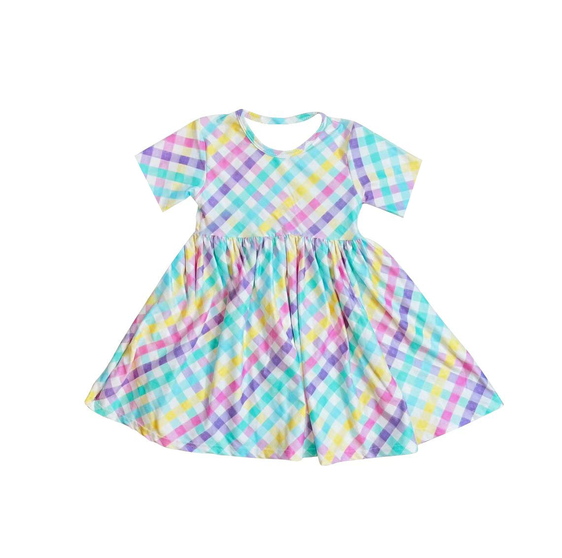 ( Moq 5 ) Preorder Baby Girls Kids Short Sleeves Easter Plaid Knee Length Dress