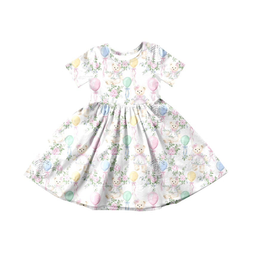 ( Moq 5 ) Preorder Baby Girls Short Sleeves Bear Bows Flower Balloons Knee Length Dress
