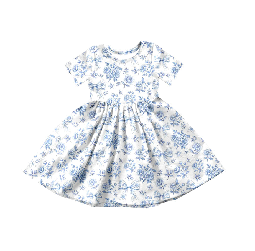 ( Moq 5 ) Preorder Baby Girls Short Sleeves Flower Blue Bows Summer Knee Length Dress