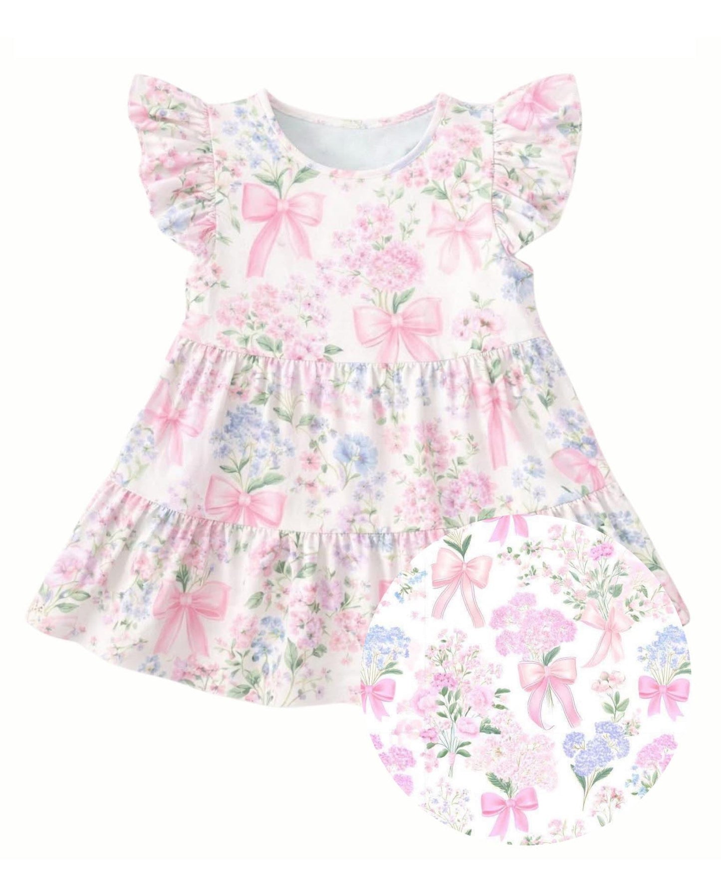 ( Moq 5 ) Preorder Baby Girls Kids Short Sleeves Bows Floral Knee Length Dress