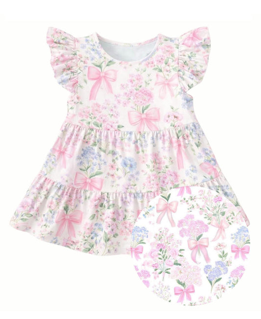 ( Moq 5 ) Preorder Baby Girls Kids Short Sleeves Bows Floral Knee Length Dress