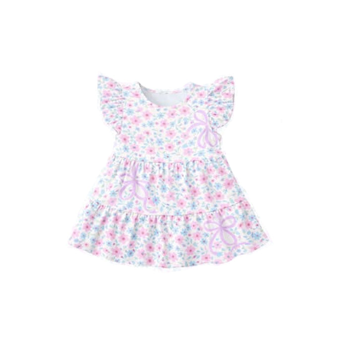 ( Moq 5 ) Preorder Baby Girls Kids Short Sleeves Bows Flowers Easter Knee Length Dress