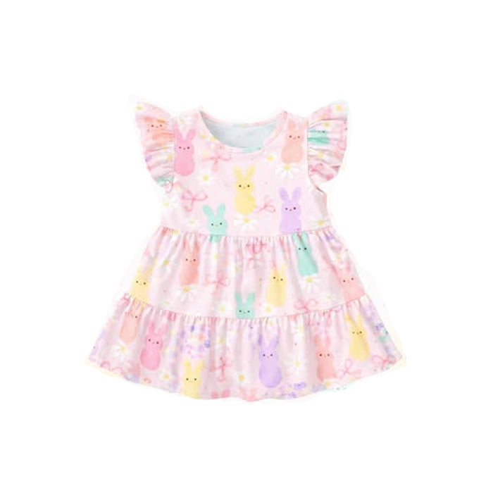 ( Moq 5 ) Preorder Baby Girls Kids Short Sleeves Rabbits Bows Flowers Easter Knee Length Dress