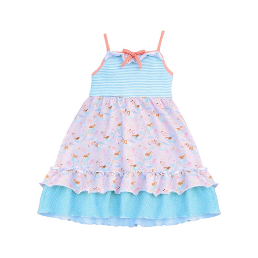 ( Moq 5 ) Preorder Baby Girls Straps Mermaid Flower Stripes Ruffle Knee Length Dress