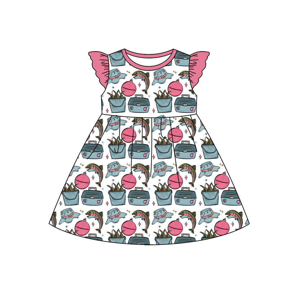 ( Moq 5 ) Preorder Baby Girls Kids Short Sleeves Fishing Knee Length Dress