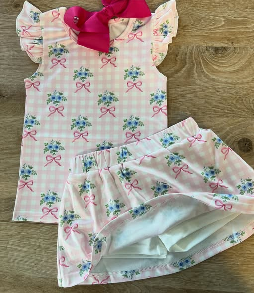 ( Moq 5 ) Preorder Baby Girls Kids Short Sleeves Flower Bows Tops Shorts Skirt Clothes Set