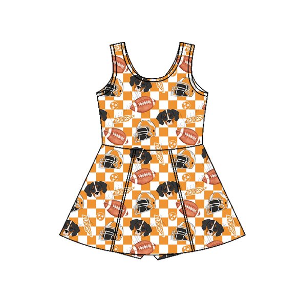 ( Moq 5 ) Preorder Baby Girls Kids Sleeveless Dogs Football Orange Checked Team Yoga Shorts Dress