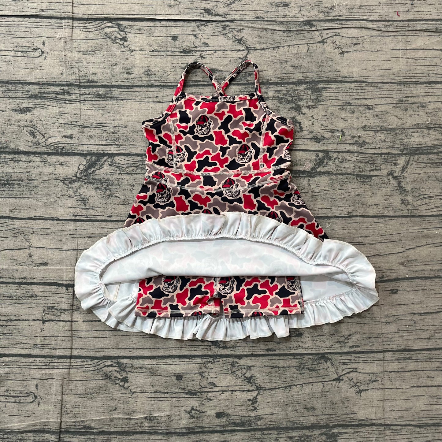 ( No moq ) Preorder Baby Girls Kids Straps Dogs Camo Print Team Yoga Ruffle Knee Length Dress