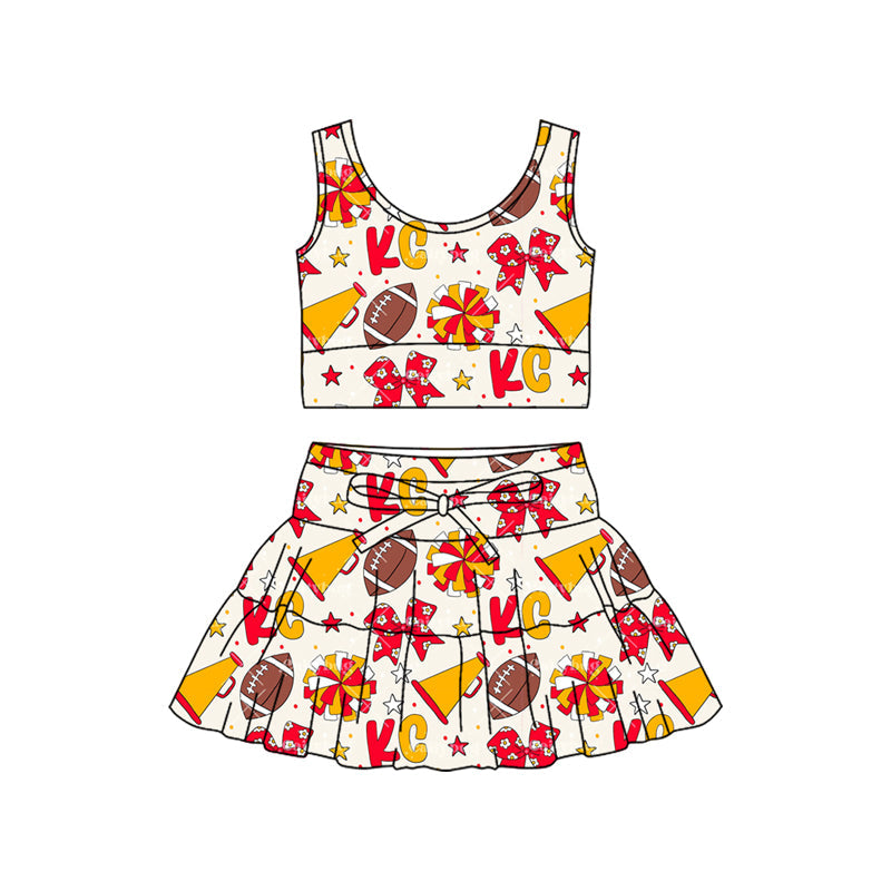 ( Moq 5 ) Preorder Baby Girls Kids Sleeveless KC Bows Football Tops Cheer Team Shorts Skirt Yoga Set