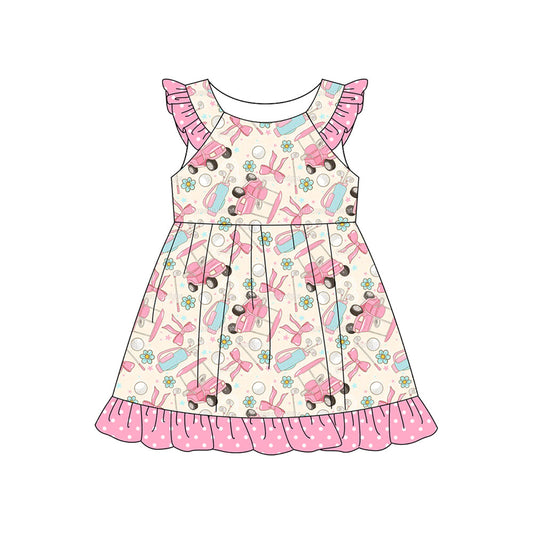 ( Moq 5 ) Preorder Baby Girls Kids Short Sleeves Golf Flower Bows Knee Length Dress