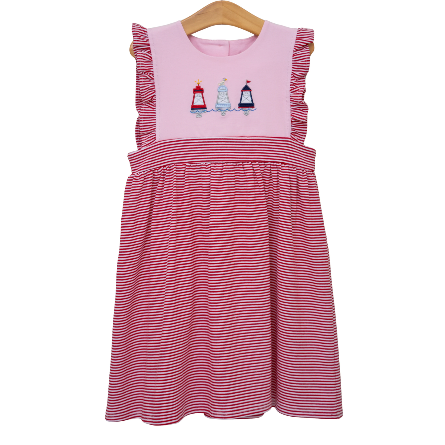 ( Moq 5 ) Preorder Baby Girls Kids Lighthouses Red Stripes Ruffle Knee Length Dress