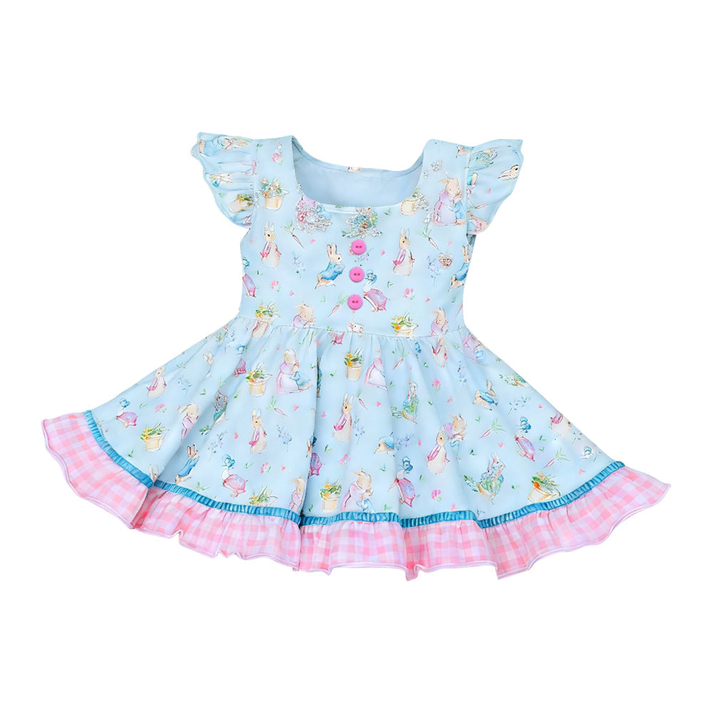 ( Moq 5 ) Preorder Baby Girls Kids Short Sleeves Rabbits Floral Easter Ruffle Blue Dress