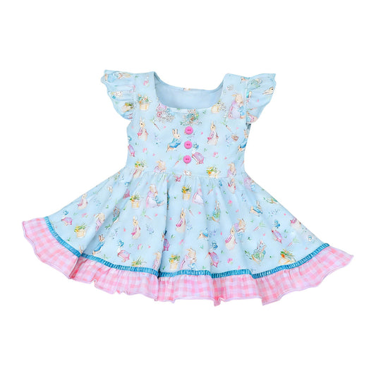 ( Moq 5 ) Preorder Baby Girls Kids Short Sleeves Rabbits Floral Easter Ruffle Blue Dress