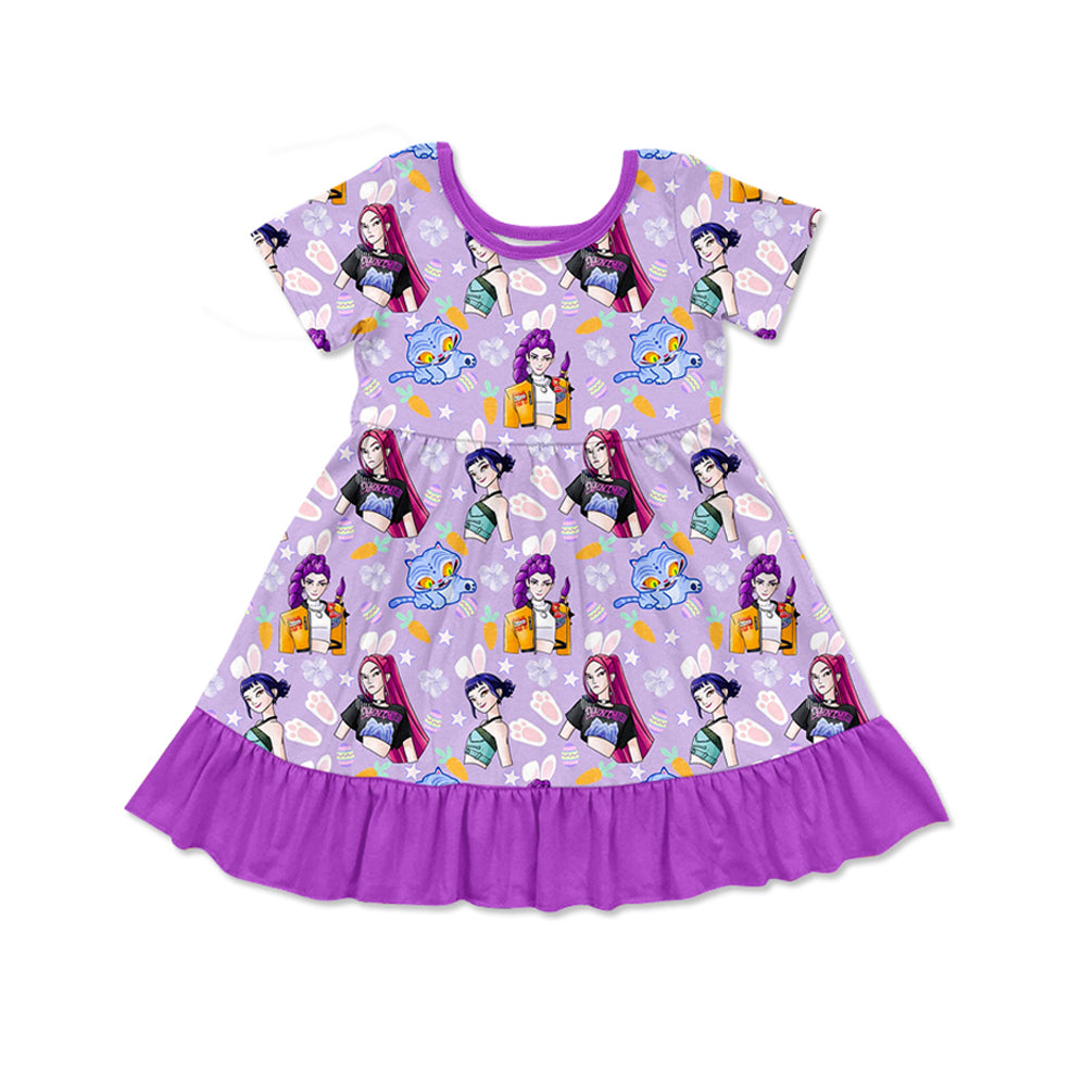 ( Moq 5 ) Preorder Baby Girls Kids Short Sleeves Rabbits Singer Easter Purple Ruffle Knee Length Dress