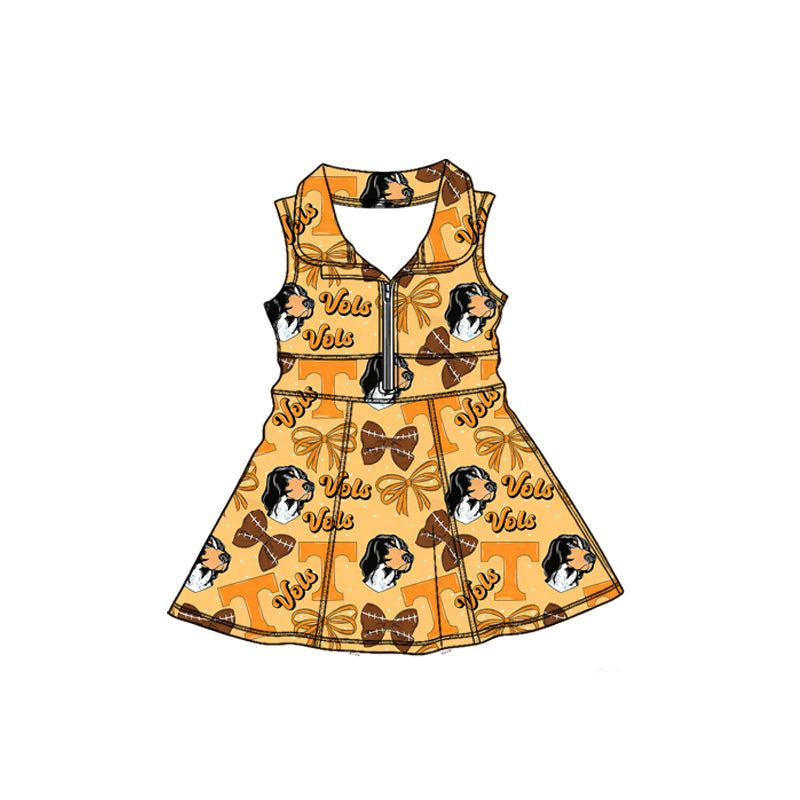 ( Moq 5 ) Preorder Baby Girls Kids Dogs Football Bows Team Yoga Zipper Knee Length Dress