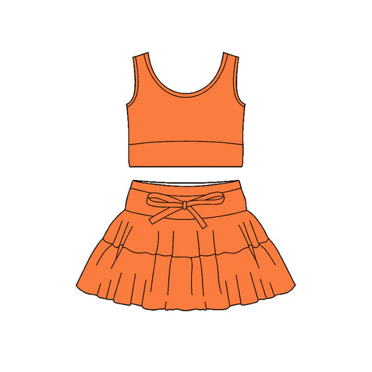 ( Moq 5 ) Preorder Baby Girls Sleeveless Orange Tops Shorts Skirt Yoga Active Clothes Set