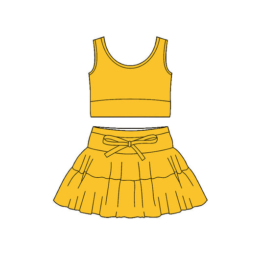 ( Moq 5 ) Preorder Baby Girls Sleeveless Yellow Tops Shorts Skirt Yoga Active Clothes Set