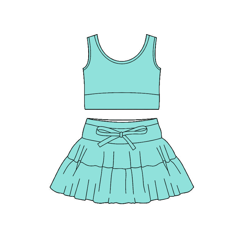 ( Moq 5 ) Preorder Baby Girls Sleeveless Blue Green Tops Shorts Skirt Yoga Active Clothes Set