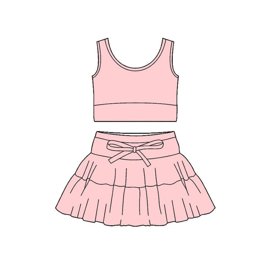 ( Moq 5 ) Preorder Baby Girls Sleeveless Pink Tops Shorts Skirt Yoga Active Clothes Set