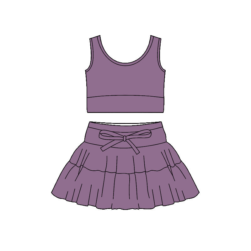 ( Moq 5 ) Preorder Baby Girls Sleeveless Purple Tops Shorts Skirt Yoga Active Clothes Set