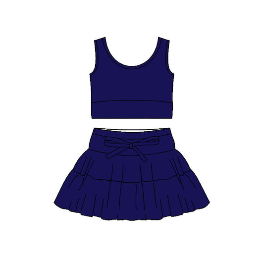 ( Moq 5 ) Preorder Baby Girls Sleeveless Navy Tops Shorts Skirt Yoga Active Clothes Set