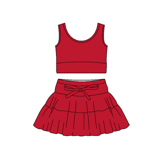 ( Moq 5 ) Preorder Baby Girls Sleeveless Red Tops Shorts Skirt Yoga Active Clothes Set