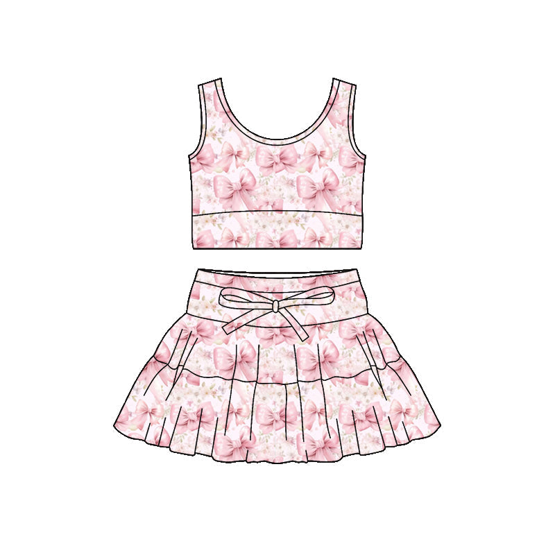 ( Moq 5 ) Preorder Baby Girls Sleeveless Bows Flower Tops Shorts Skirt Yoga Active Clothes Set
