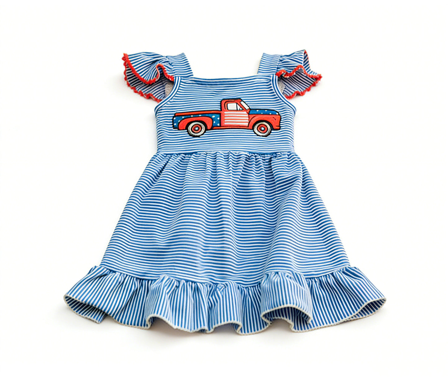 ( Moq 5 ) Preorder Baby Girls Short Sleeves Truck Blue Stripes 4th of July Knee Length Dress