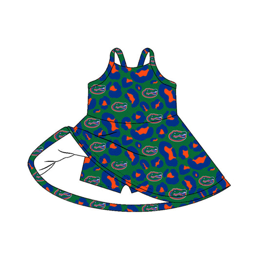 ( Moq 5 ) Preorder Baby Girls Kids Straps Leopard Team Yoga Active Shorts Green Knee Length Dress
