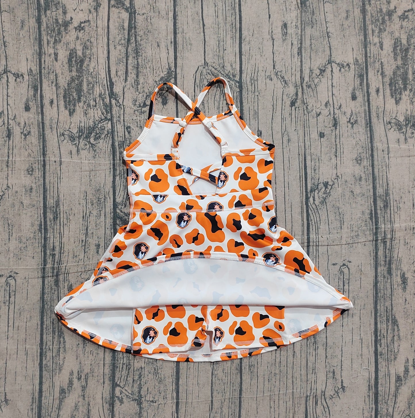 Baby Girls Kids Straps Orange Leopard Dogs Team Yoga Active Shorts Knee Length Dress RTS