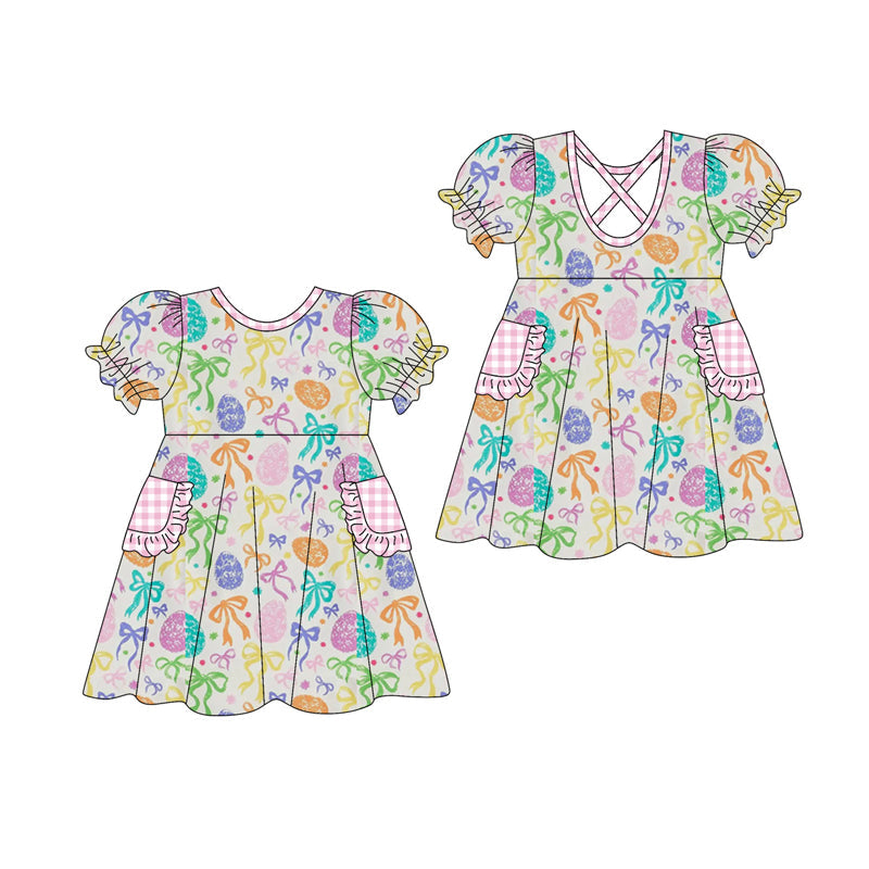 ( Moq 5 ) Preorder Baby Girls Kids Short Sleeves Eggs Bows Pockets Easter Knee Length Dress