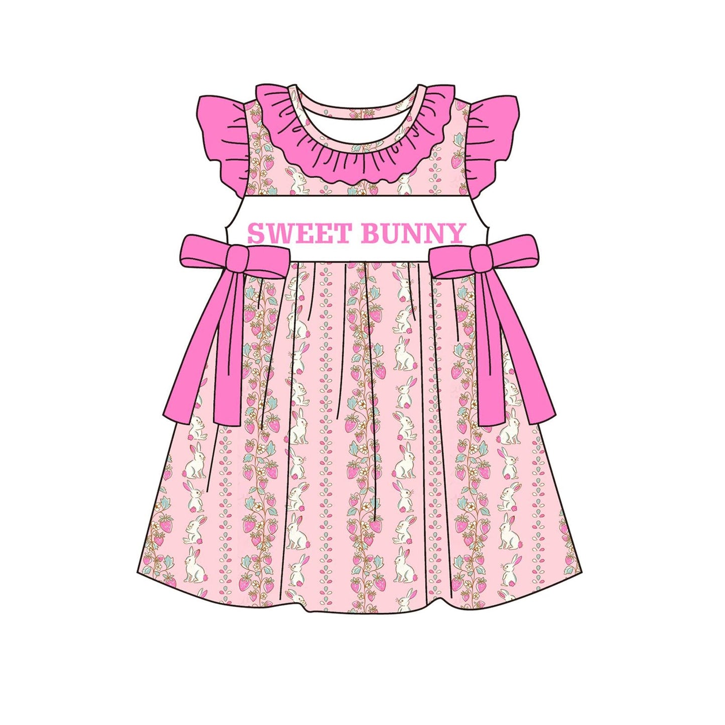( Moq 5 ) Preorder Baby Girls Short Sleeves Sweet Bunny Strawberry Pink Bows Easter Knee Length Dress