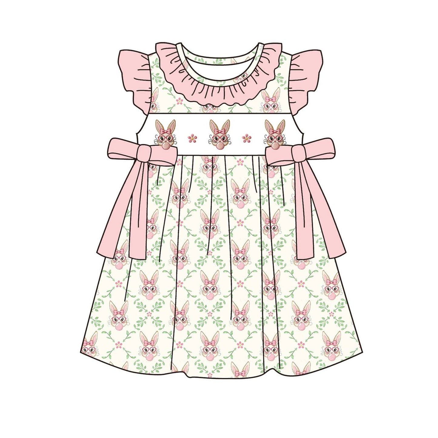 ( Moq 5 ) Preorder Baby Girls Short Sleeves Rabbits Flower Pink Bows Easter Knee Length Dress
