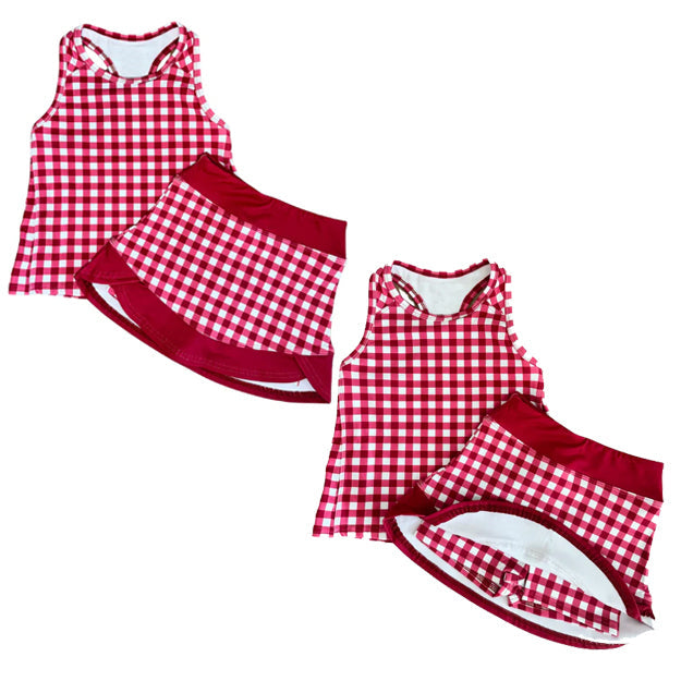 ( Moq 5 ) Preorder Baby Girls Kids Sleeveless Red Plaid Tops Shorts Skirt Yoga Active Clothes Set