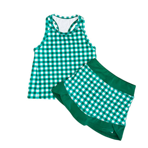 ( Moq 5 ) Preorder Baby Girls Kids Sleeveless Green Plaid Tops Shorts Skirt Yoga Active Clothes Set