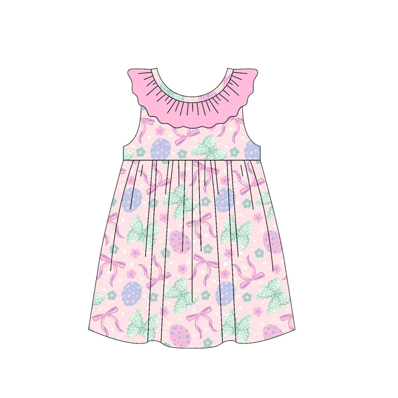 ( Moq 5 ) Preorder Baby Girls Kids Eggs Pink Bows Flower Easter Ruffle Knee Length Dress