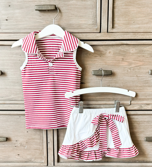 ( Moq 5 ) Preorder Baby Girls Kids Red Stripes Buttons Tops Ruffle Shorts Skirt Yoga Clothes Set