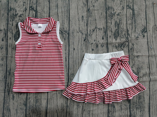 ( No moq ) Preorder Baby Girls Dark Red Stripes Buttons Tops Ruffle Shorts Skirt Yoga Clothes Set