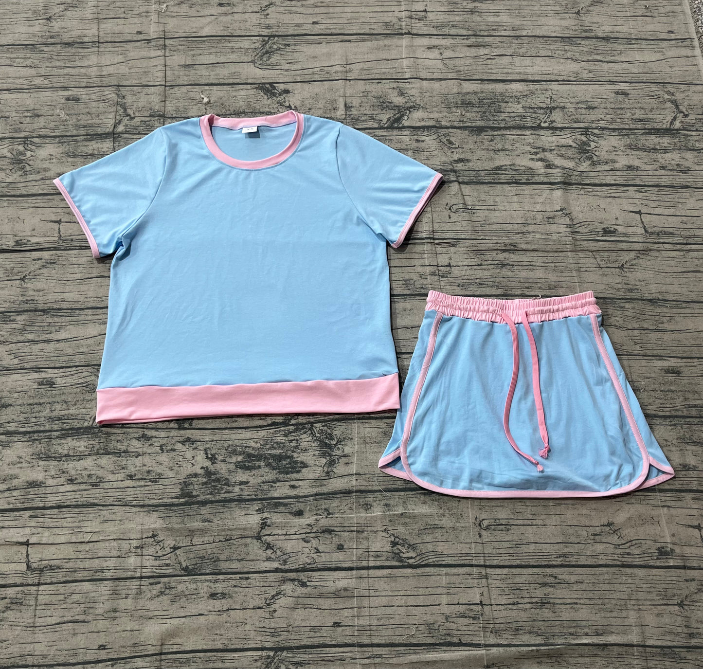 Adult Women Short Sleeves Shirt Skirt Shorts Blue Cotton Clothes Set RTS
