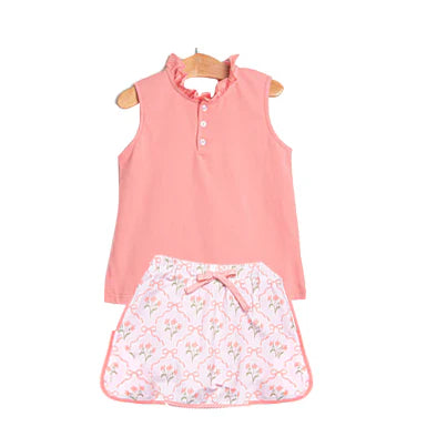 ( Moq 5 ) Preorder Baby Girls Kids Sleeveless Buttons Tops Flower Bows Shorts Skirt Clothes Set