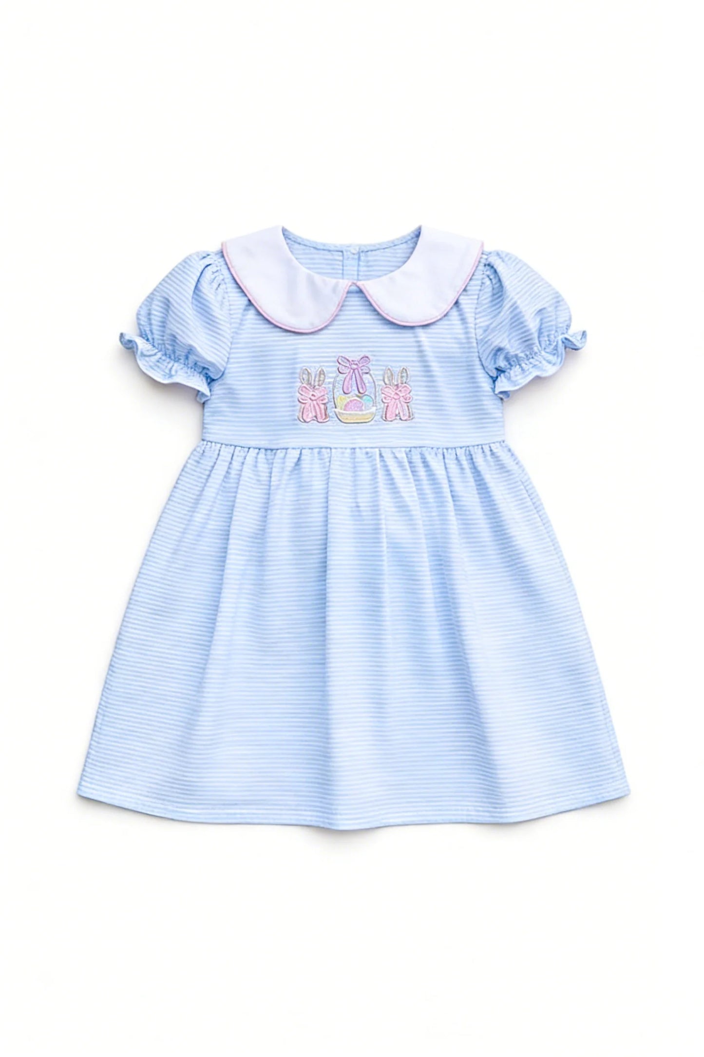 ( Moq 5 ) Preorder Baby Girls Kids Short Sleeves Rabbits Bows Eggs Easter Blue Stripes Knee Length Dress