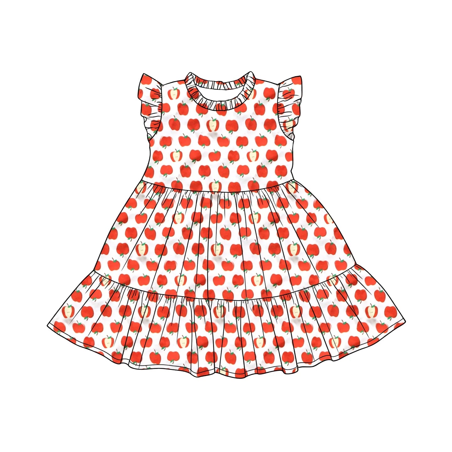 ( Moq 5 ) Preorder Baby Girls Kids Short Sleeves Apple Back To School Ruffle Knee Length Dress