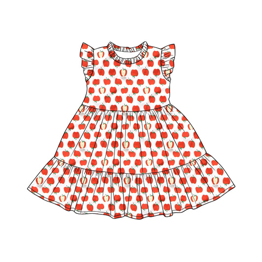 ( Moq 5 ) Preorder Baby Girls Kids Short Sleeves Apple Back To School Ruffle Knee Length Dress