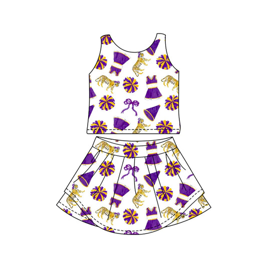 ( Moq 5 ) Preorder Baby Girls Kids Sleeveless Tigers Purple Bows Tops Shorts Skirt Team Cheer Yoga Set