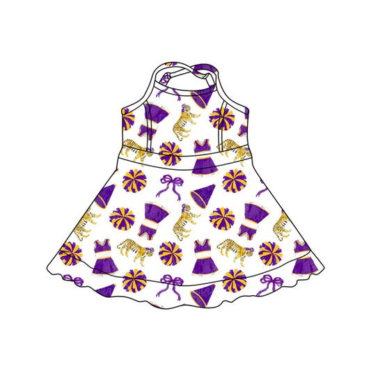 ( Moq 5 ) Preorder Baby Girls Kids Straps Tigers Purple Bows Team Cheer Yoga Shorts Knee Length Dress