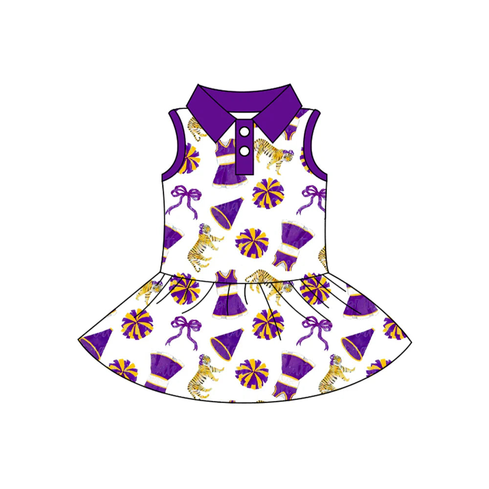 ( Moq 5 ) Preorder Baby Girls Kids Sleeveless Tigers Purple Bows Team Cheer Buttons Knee Length Dress