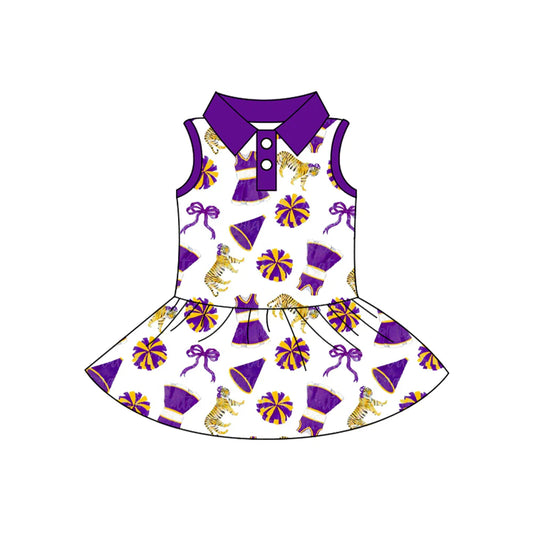 ( Moq 5 ) Preorder Baby Girls Kids Sleeveless Tigers Purple Bows Team Cheer Buttons Knee Length Dress