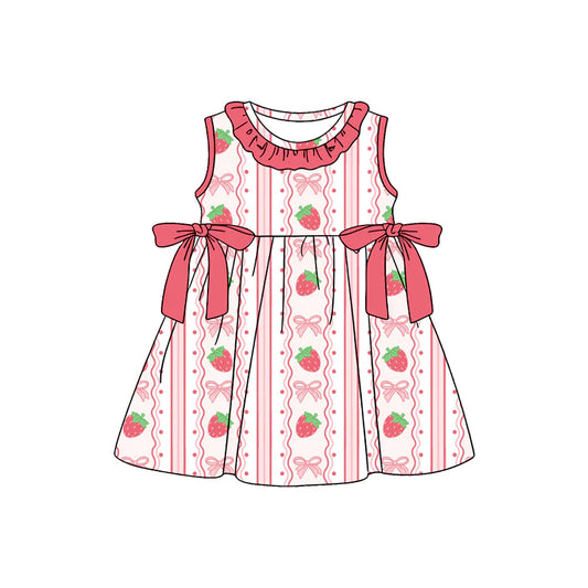 ( Moq 5 ) Preorder Baby Girls Kids Sleeveless Strawberry Pink Bows Knee Length Dress
